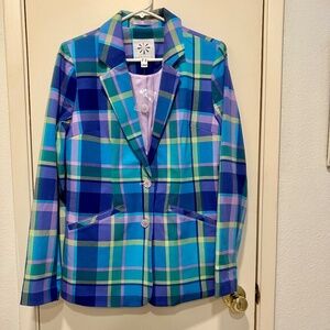 NEW ISAAC MIZRAHI LIVE STRETCH PLAID BLAZER SZ 8 NO TAGS.